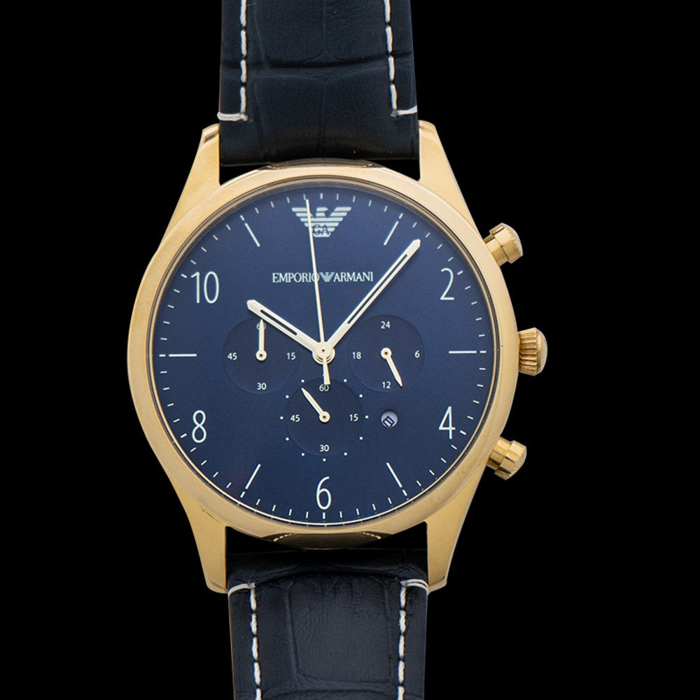 Emporio Armani Chronograph Blue Dial Blue Leather Strap Watch For Men - AR1862