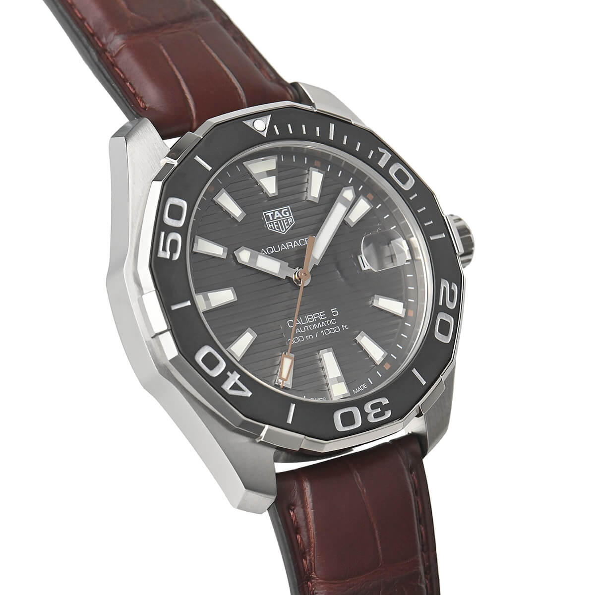 Tag Heuer Aquaracer Calibre 5 Automatic Grey Dial Brown Leather Strap Watch for Men - WAY201M.FC6474