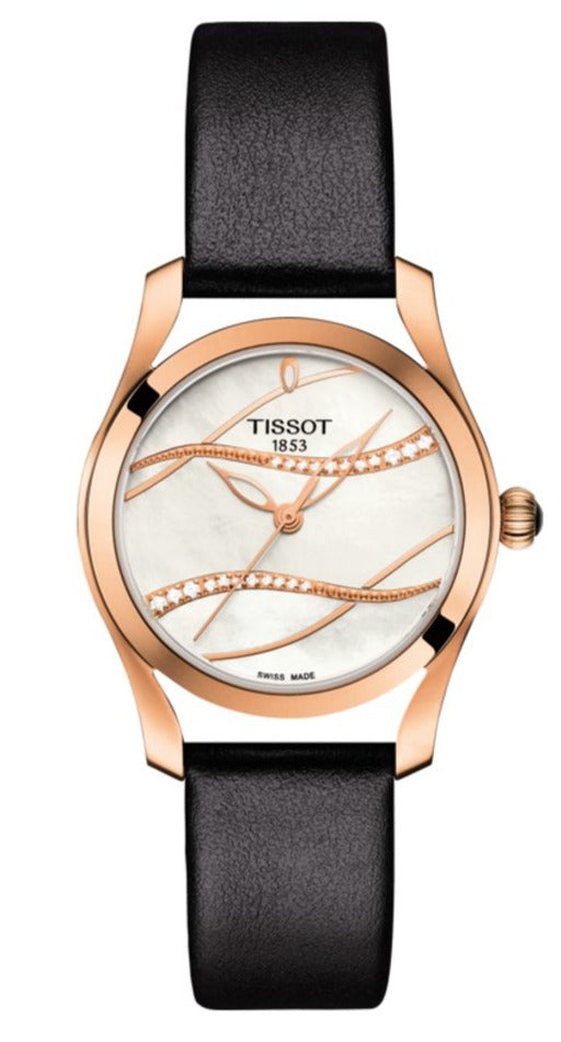 Tissot T Wave Diamond Mother of Pearl Dial Black Leather Strap Watch For Women - T112.210.36.111.00
