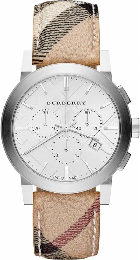 Burberry The City Chronograph White Dial Haymarket Leather Strap Watch For Men - BU9360