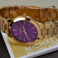 Michael Kors Slim Runway Purple Dial Rose Gold Steel Strap Watch for Women - MK3293