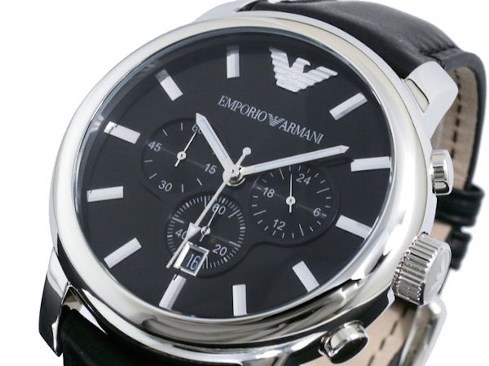 Emporio Armani Classic Chronograph Black Dial Black Leather Strap Watch For Men - AR0431