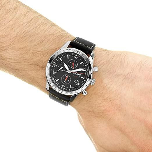 Hugo Boss Aero Chronograph Black Dial Black Leather Strap Watch for Men - 1513770