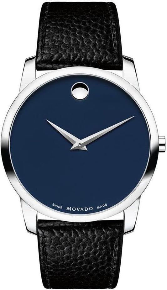 Movado Museum Blue Dial Black Leather Strap Watch For Men - 607013