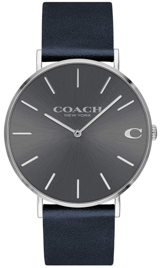 Coach Charles Grey Dial Navy Blue Leather Strap Watch for Men - 14602150