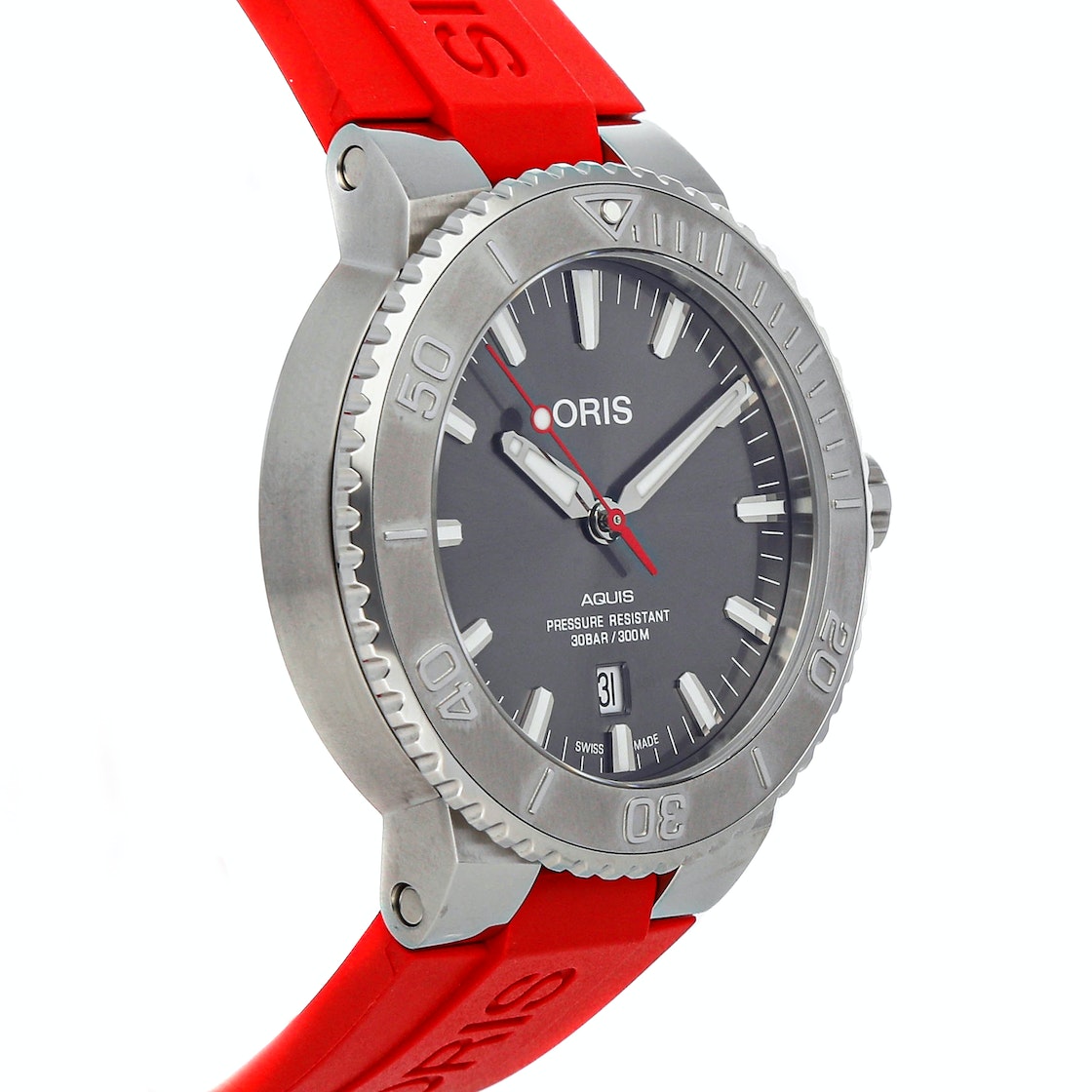 Oris Aquis Date Relief Grey Dial Red Rubber Strap Watch for Men - 0173377304153-0742466EB