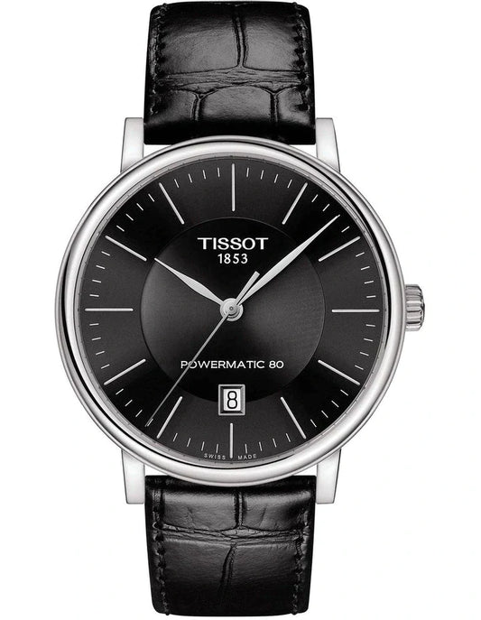 Tissot Carson Premium Powermatic 80 Automatic Black Dial Leather Strap Watch For Men - T122.407.16.051.00