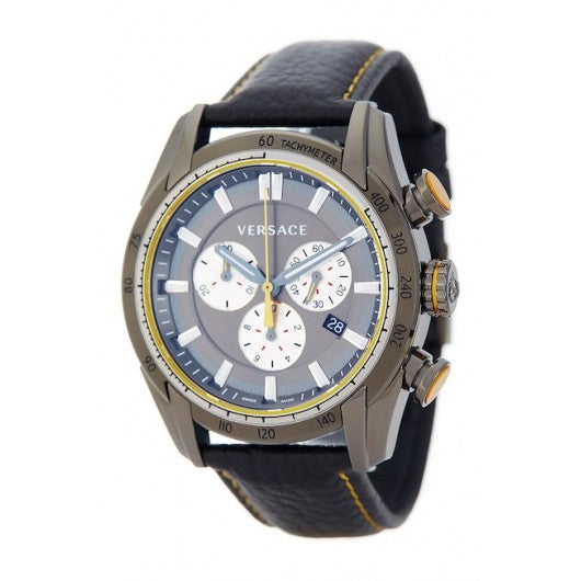Versace V Ray Chronograph Grey Dial Black Leather Strap Watch for Men - VDB020014