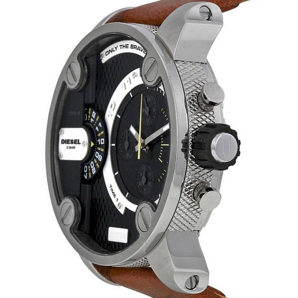 Diesel SBA Dual Time Black Dial Brown Leather Strap Watch For Men - DZ7264