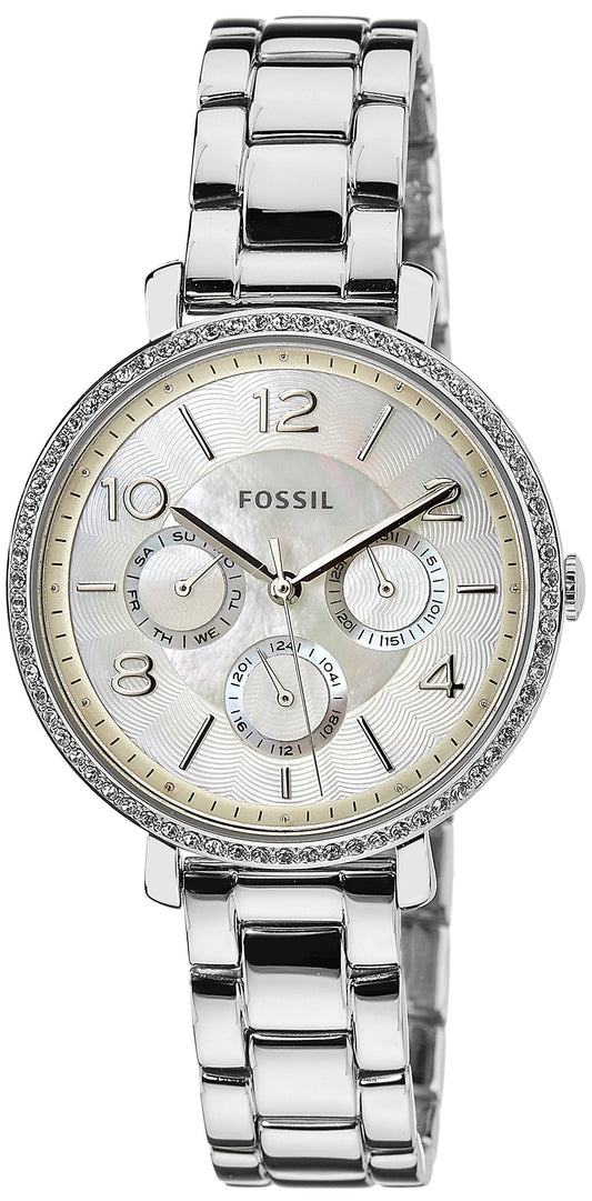 Fossil Jacqueline Multi-Function Mother of Pearl Dial Silver Steel Strap Watch for Women - ES3755