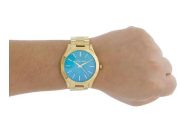Michael Kors Slim Runway Mother of Pearl Blue Dial Gold Steel Strap Watch for Women - MK3492
