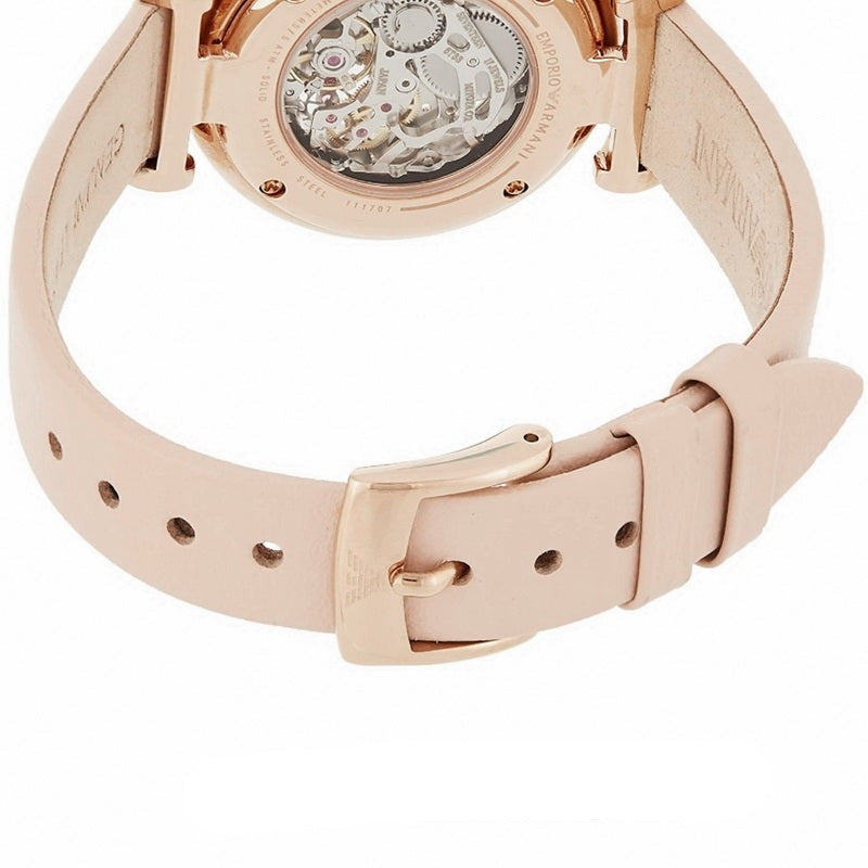 Emporio Armani Meccanico Skeleton  Silver Dial Beige Leather Strap Watch For Women - AR60001