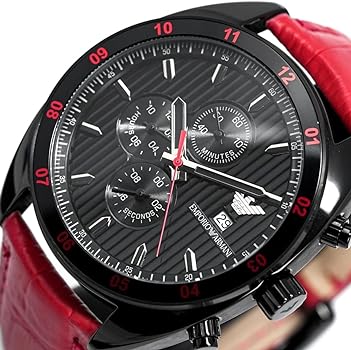 Emporio Armani Sportivo Chronograph Black Dial Red Leather Strap Watch For Men - AR5918