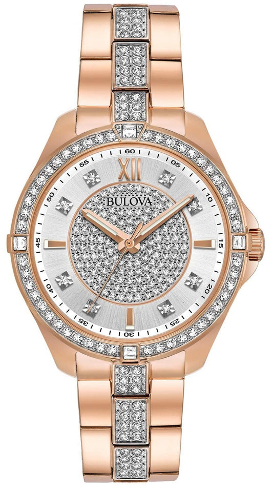 Bulova Crystal Collection Silver Dial Rose Gold Steel Strap Watch for Women - 98L229