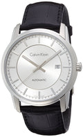 Calvin Klein Infinity Silver Dial Black Leather Strap Watch for Men - K5S341C6