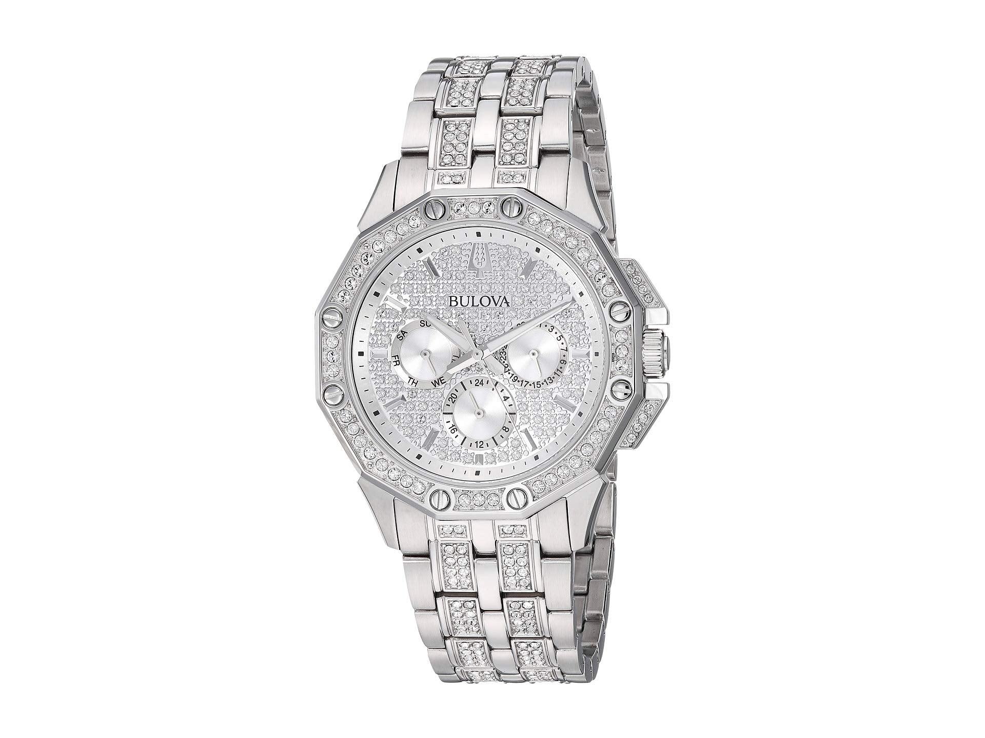 Bulova Crystal Collection Pave Silver Dial with Crystals Silver Steel Strap Watch for Men - 96C134