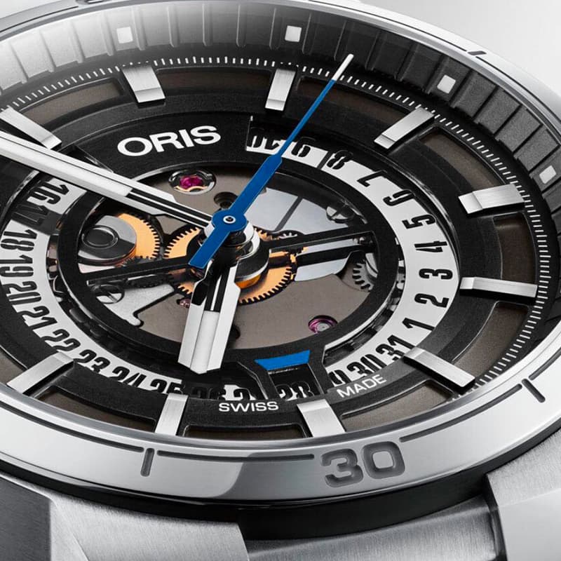 Oris TT1 Engine Date Skeleton Black Dial Silver Steel Strap Watch for Men - 0173377524124-0782408