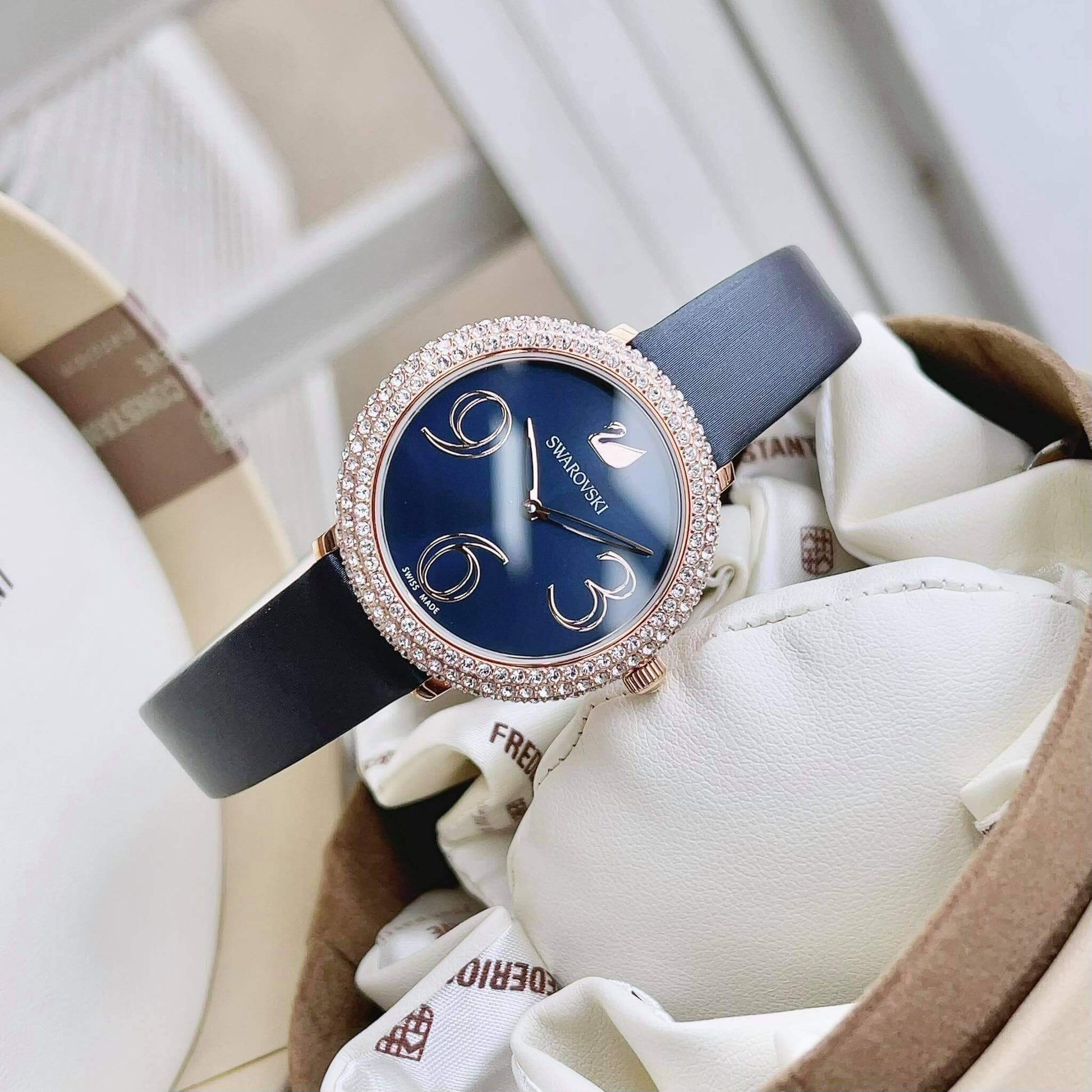 Swarovski Crystal Frost Blue Dial Blue Leather Strap Watch for Women - 5484061