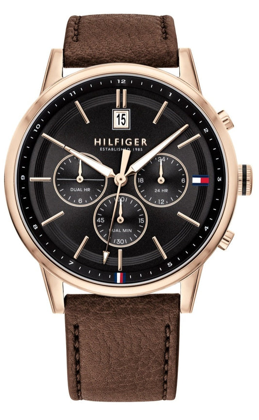 Tommy Hilfiger Multi Function Chronograph Black Dial Brown Leather Strap Watch for Men - 1791631