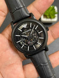 Emporio Armani Meccanico Automatic Skeleton Dial Black Leather Strap Watch For Men - AR60008