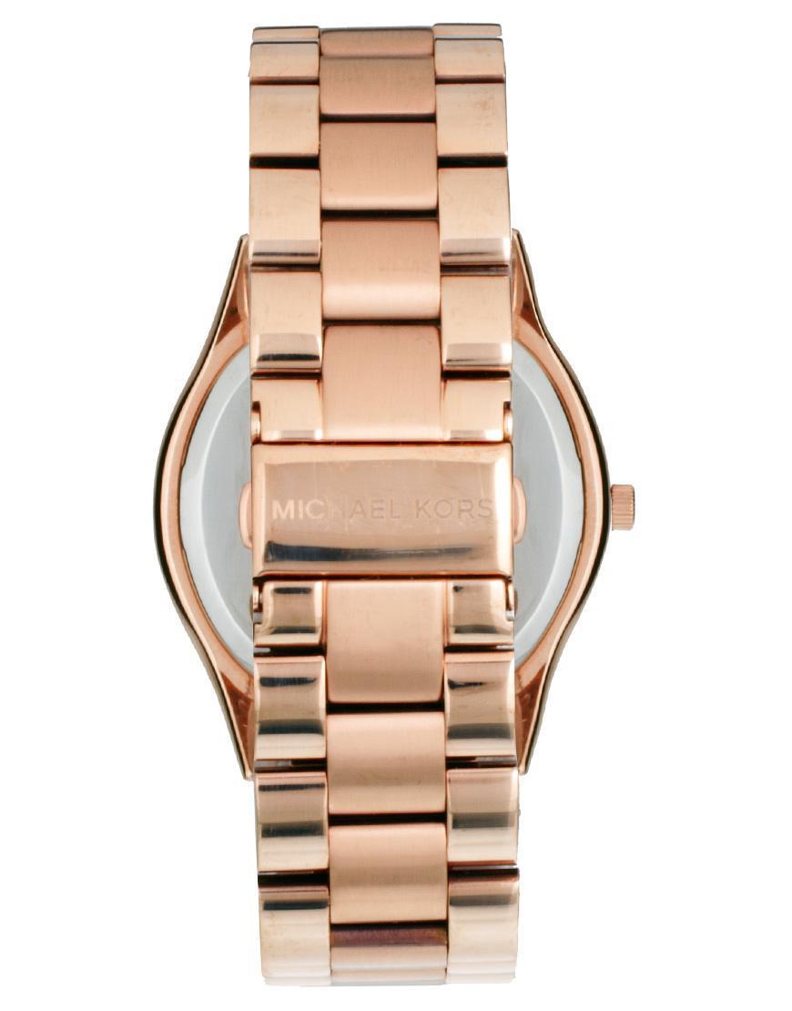 Michael Kors Slim Runway Brown Dial Rose Gold Steel Strap Watch for Women - MK3181