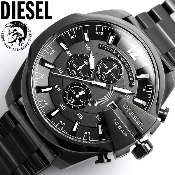 Diesel Mega Chief Chronograph Black Dial Black Steel Strap Watch For Men - DZ4283