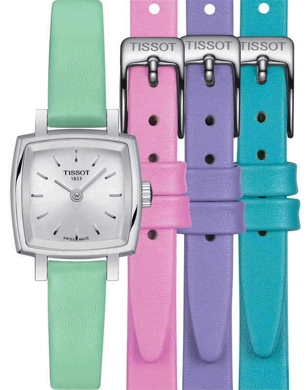 Tissot T Lady Lovely Square Silver Dial Light Green Leather Strap Watch for Women - T058.109.16.031.01