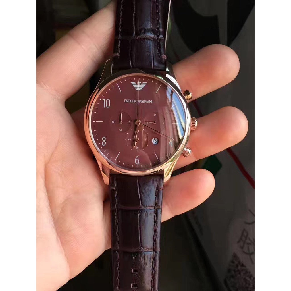 Emporio Armani Classic Chronograph Burgundy Dial Brown Leather Strap Watch For Men - AR1890