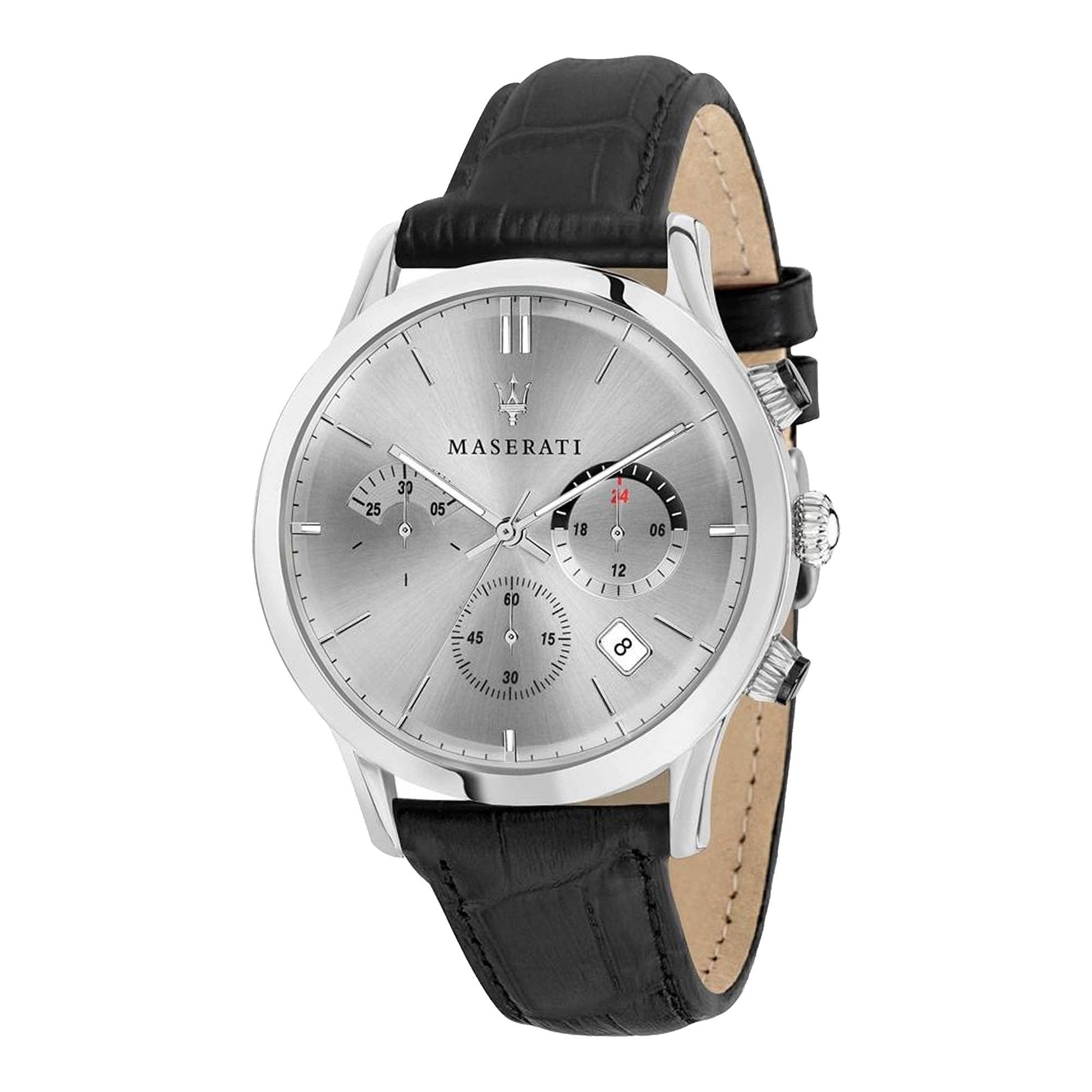 Maserati Ricordo Silver Dial Black Leather Strap Watch For Men - R8871633001