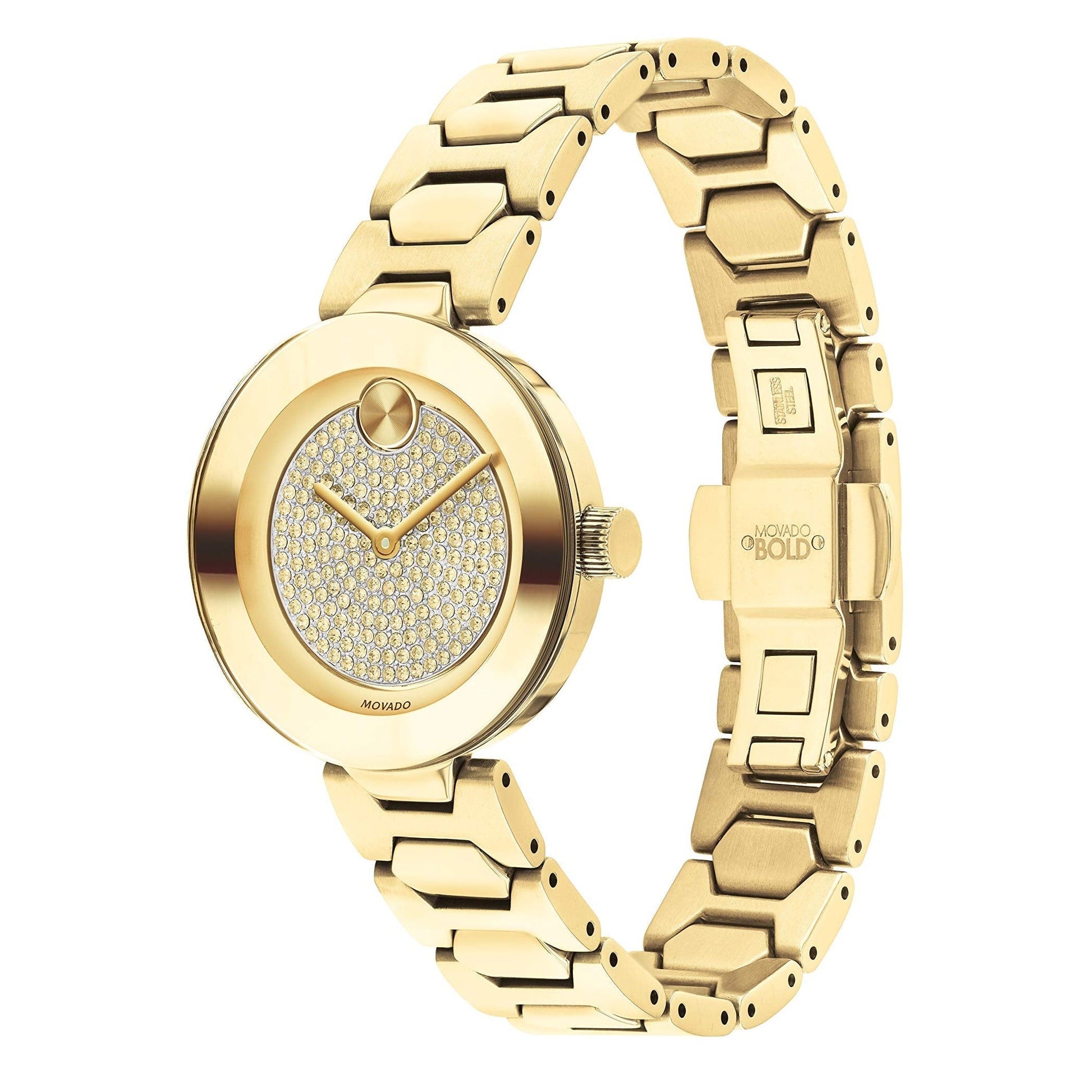 Movado Bold Crystal Gold Dial Gold Steel Strap Watch For Women - 3600492