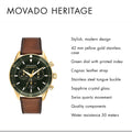 Movado Heritage 42mm Chronograph Green Dial Brown Leather Strap Watch For Men - 3650062