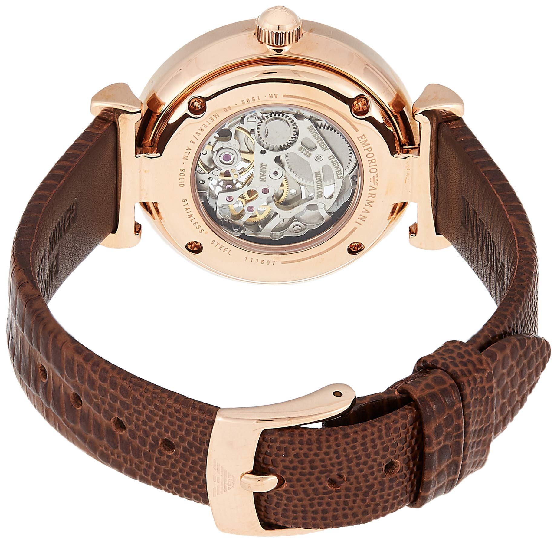 Emporio Armani Meccanico Skeleton Mother of Pearl Dial Brown Leather Strap Watch For Women - AR1993