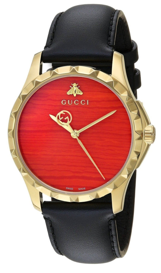 Gucci G Timeless Coral Red Dial Black Leather Strap Watch For Men - YA126464