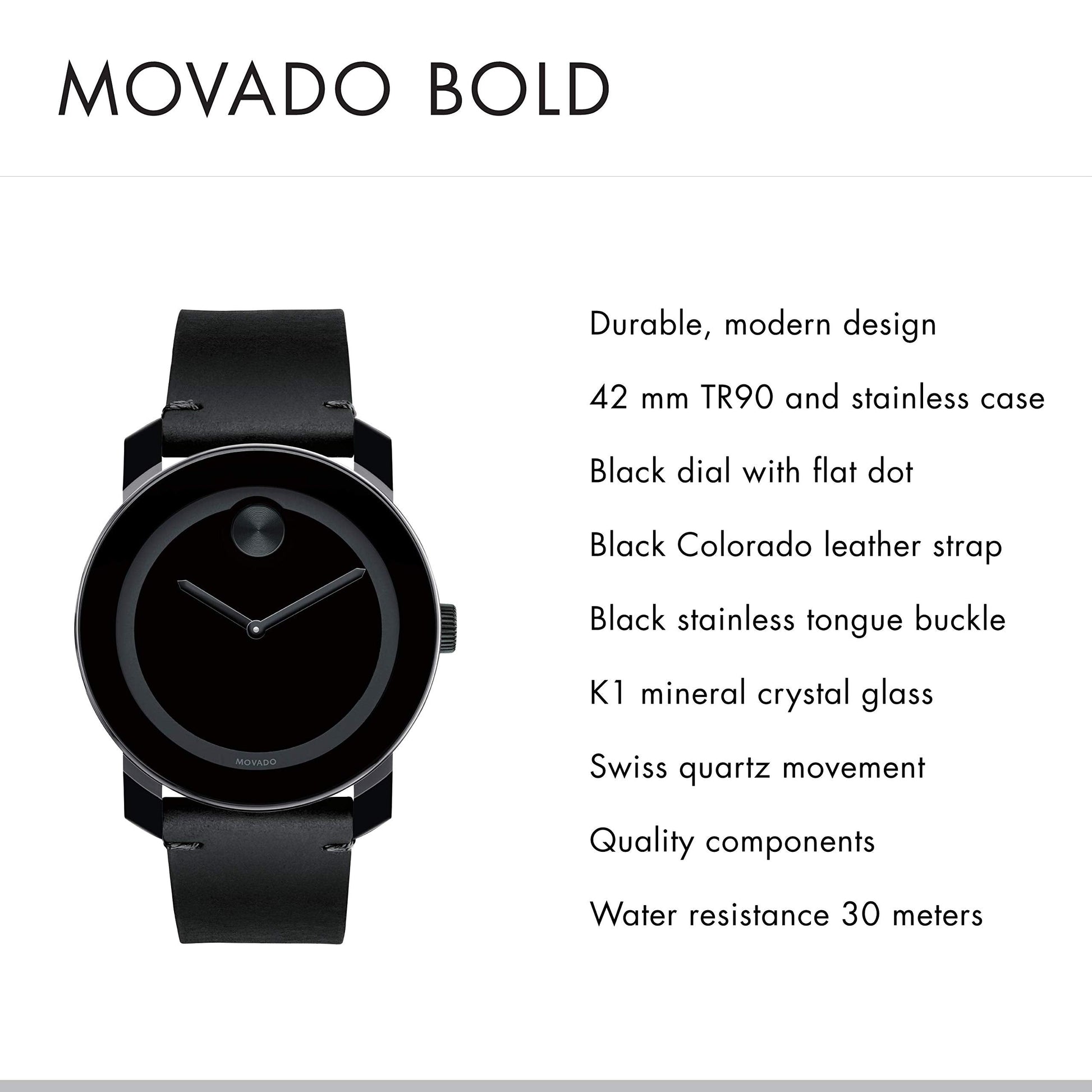 Movado Bold Black Dial Black Leather Strap Watch For Men - 3600306