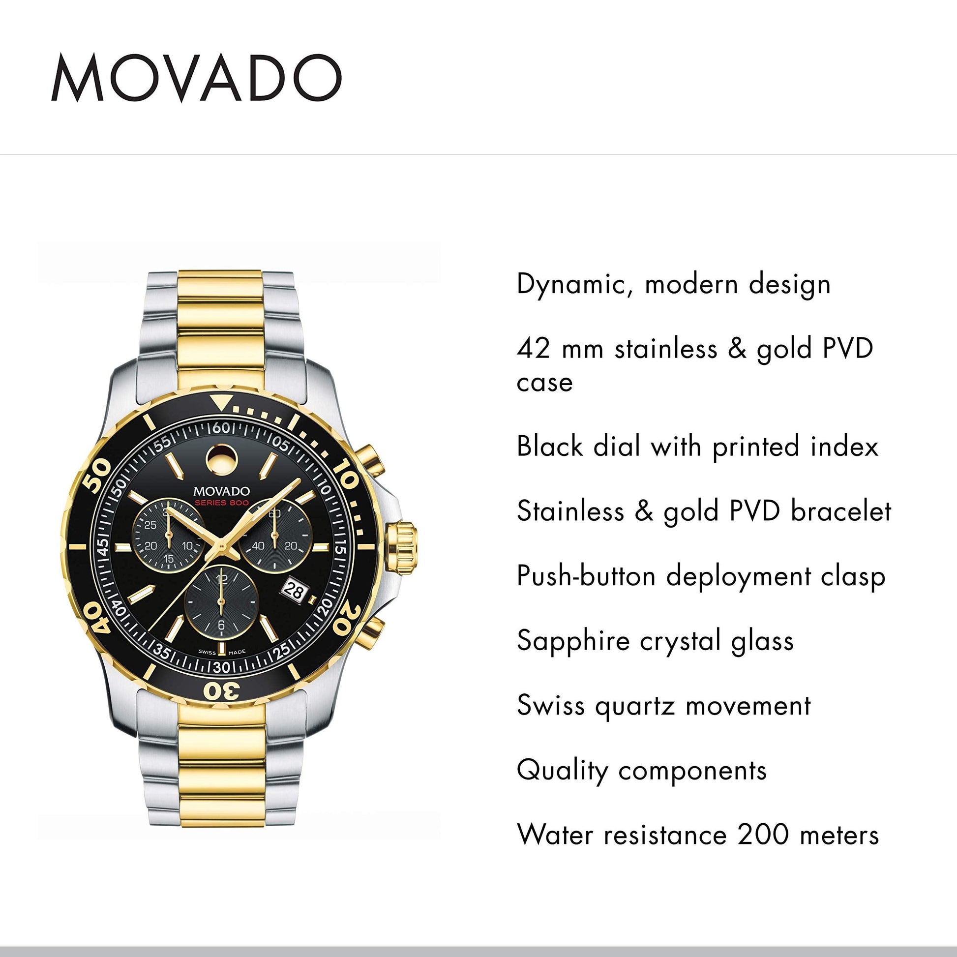 Movado Series 800 Chronograph Black Dial Two Tone Steel Strap Watch For Men - 2600146