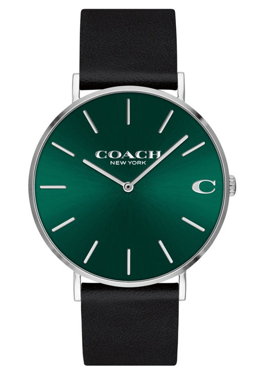 Coach Charles Green Dial Black Leather Strap Watch for Men - 14602436