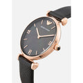 Emporio Armani Gianni T Bar Black Mother of Pearl Dial Black Leather Strap Watch For Women - AR11060