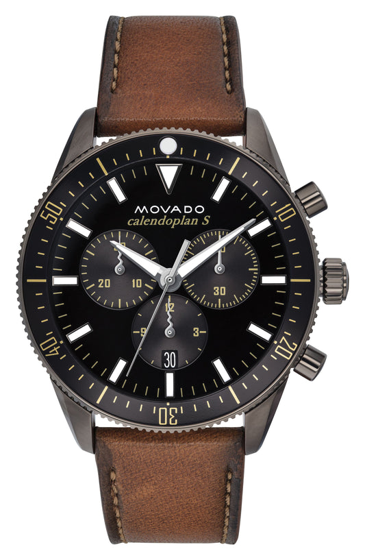 Movado Heritage Series 29mm Calendoplan Chronograph Black Dial Brown Leather Strap Watch For Men - 3650060
