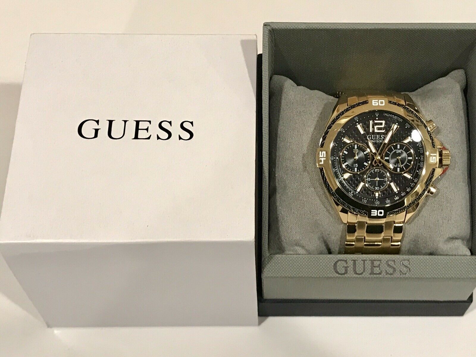Guess Surge Chronograph Black Dial Gold Steel Strap Watch for Men - W1258G2