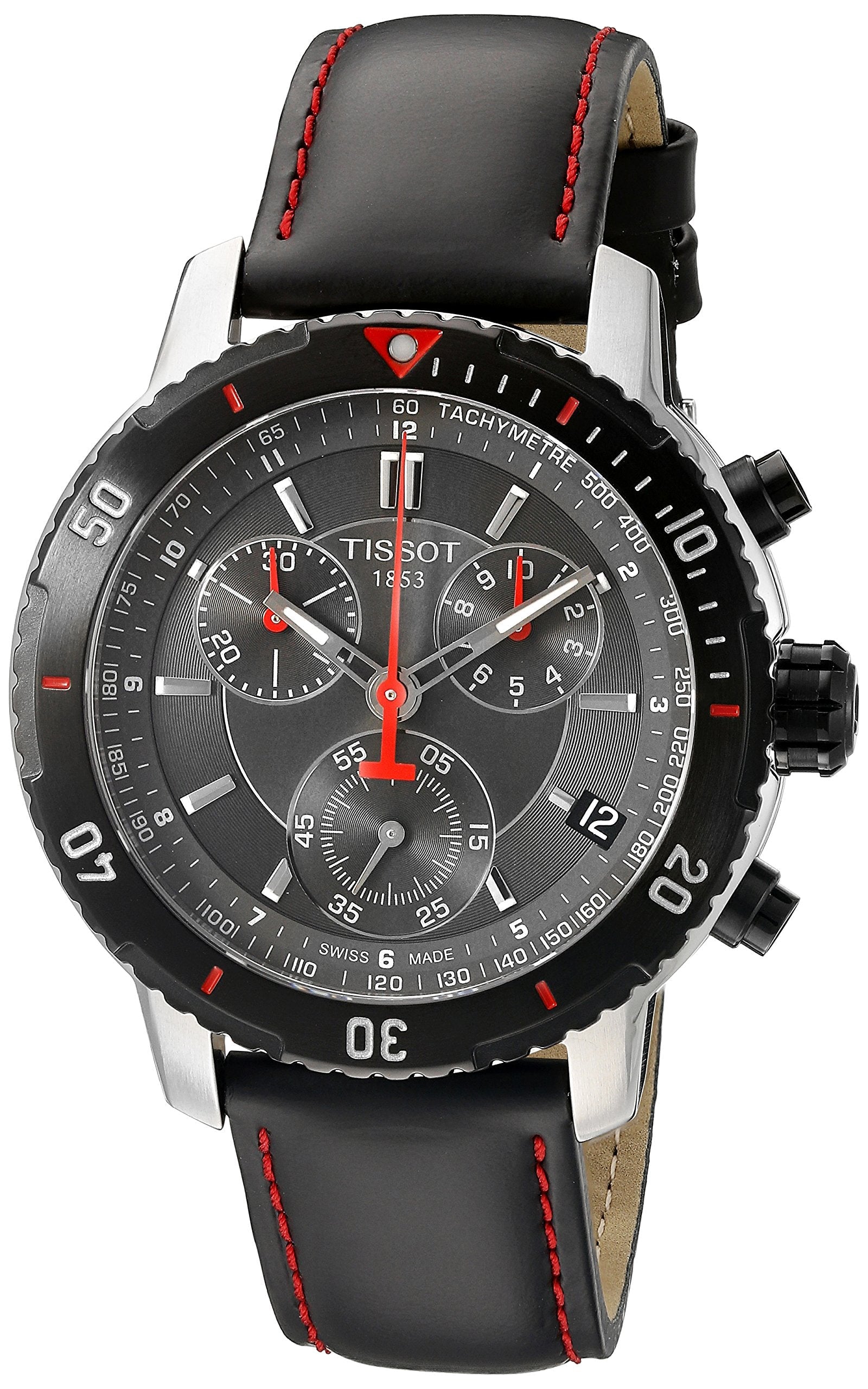 Tissot T Sport PRS 200 Chronograph Grey Dial Black Leather Strap Watch For Men - T067.417.26.051.00