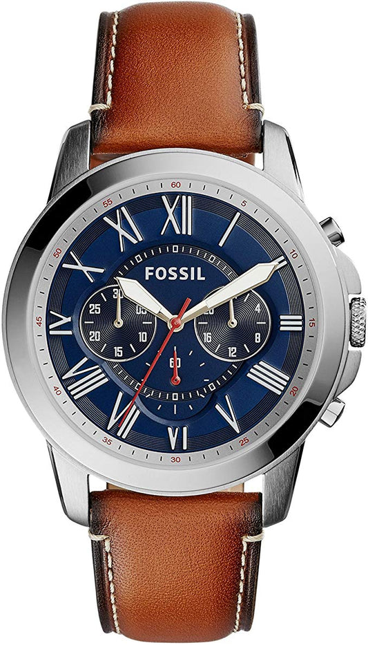 Fossil Grant Chronograph Blue Dial Brown Leather Strap Watch for Men - FS5210