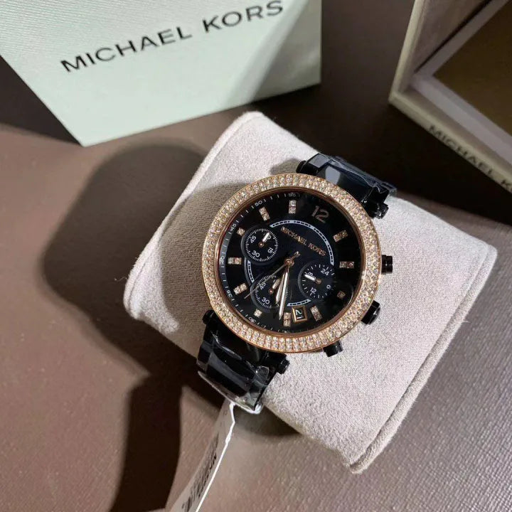 Michael Kors Parker Diamonds Black Dial Black Steel Strap Watch for Women - MK5885