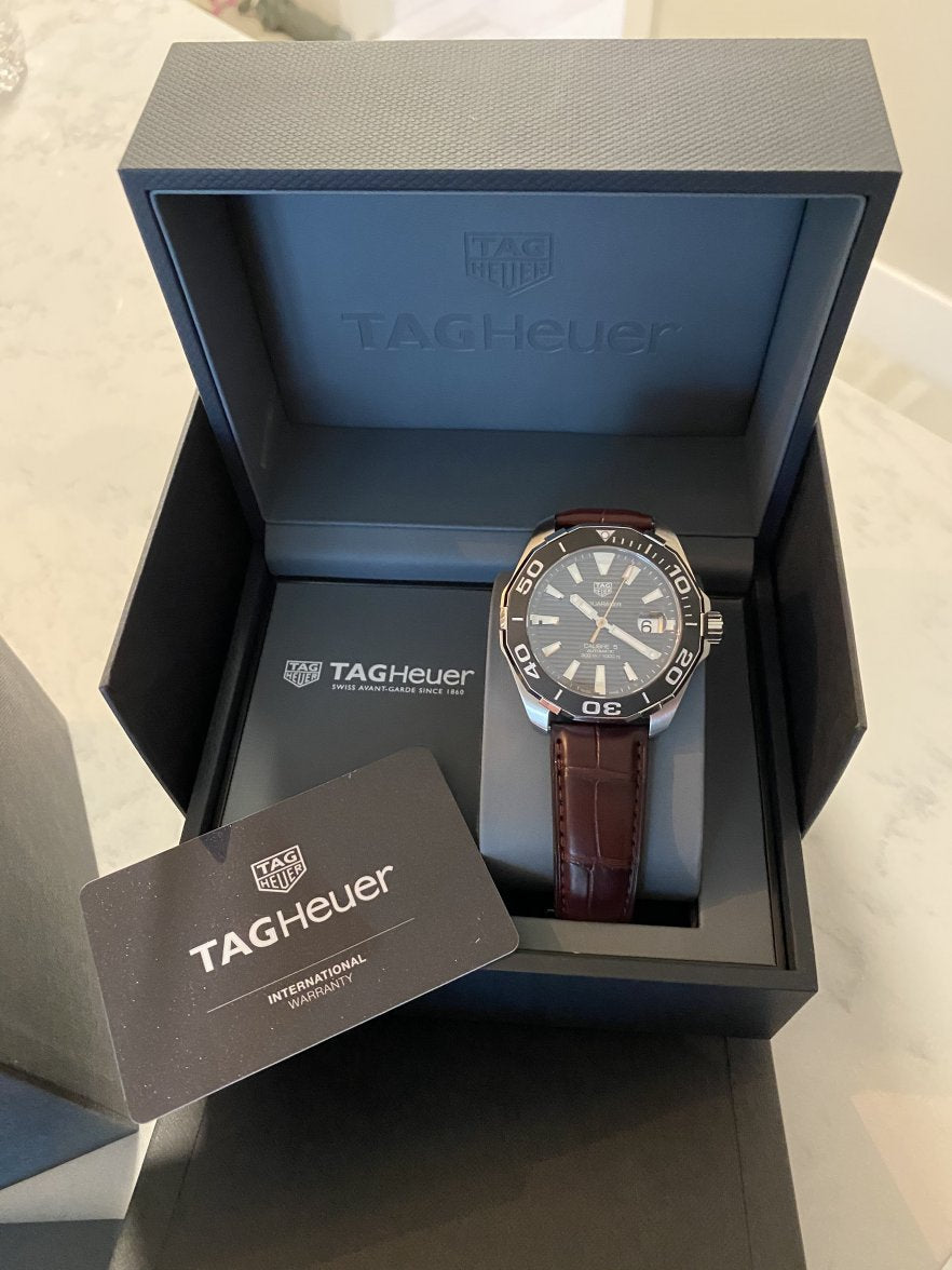 Tag Heuer Aquaracer Calibre 5 Automatic Grey Dial Brown Leather Strap Watch for Men - WAY201M.FC6474
