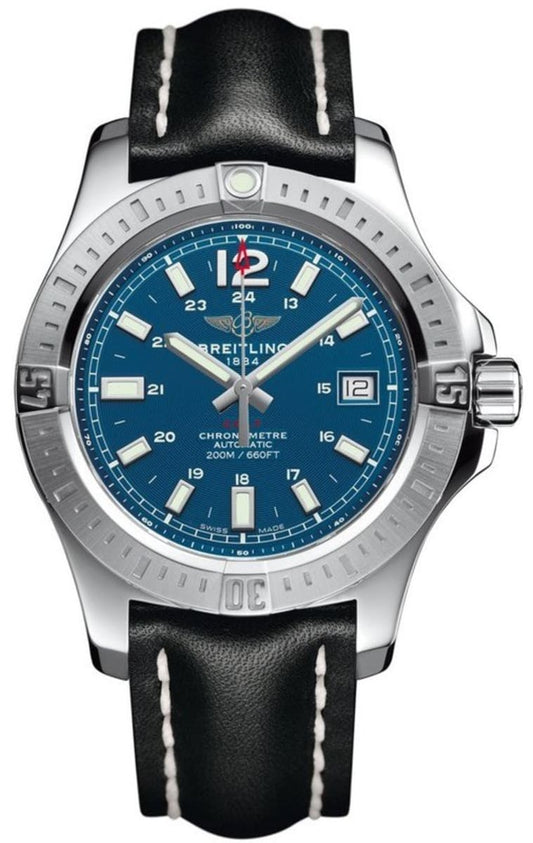 Breitling Colt Automatic Blue Dial Black Leather Strap Mens Watch - A1731311/G934/428X