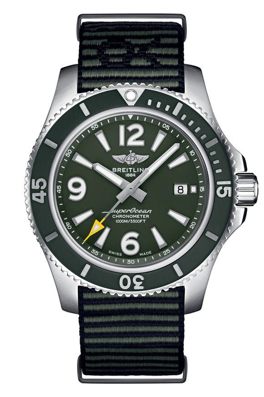 Breitling Superocean Automatic 44mm Outerknown Green Dial Green Nylon Strap Watch for Men - A17367A11L1W1