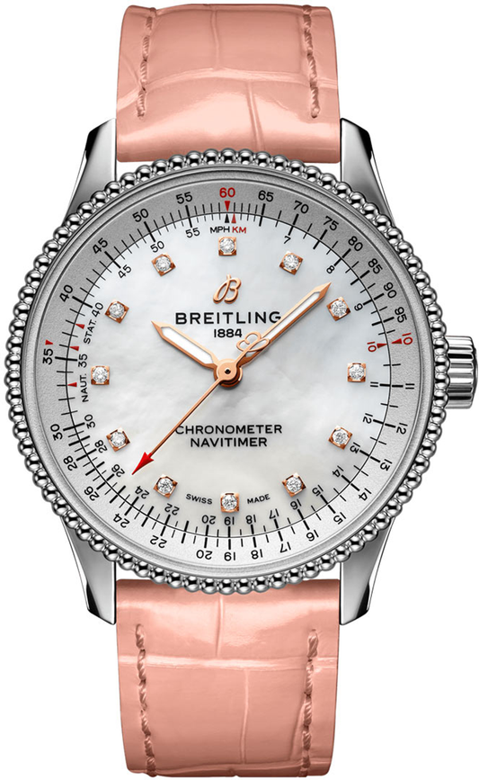 Breitling Navitimer Automatic 35 Mother of Pearl Dial Pink Leather Strap Watch for Women - A17395211A1P3