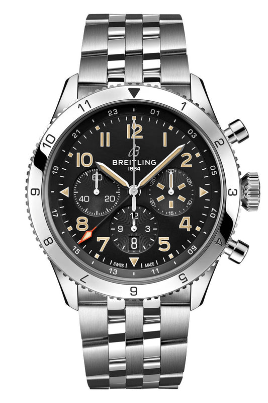 Breitling Super Avi B04 Chronograph GMT 46 P-51 Mustang Black Dial Silver Steel Strap Watch for Men - AB04453A1B1A1