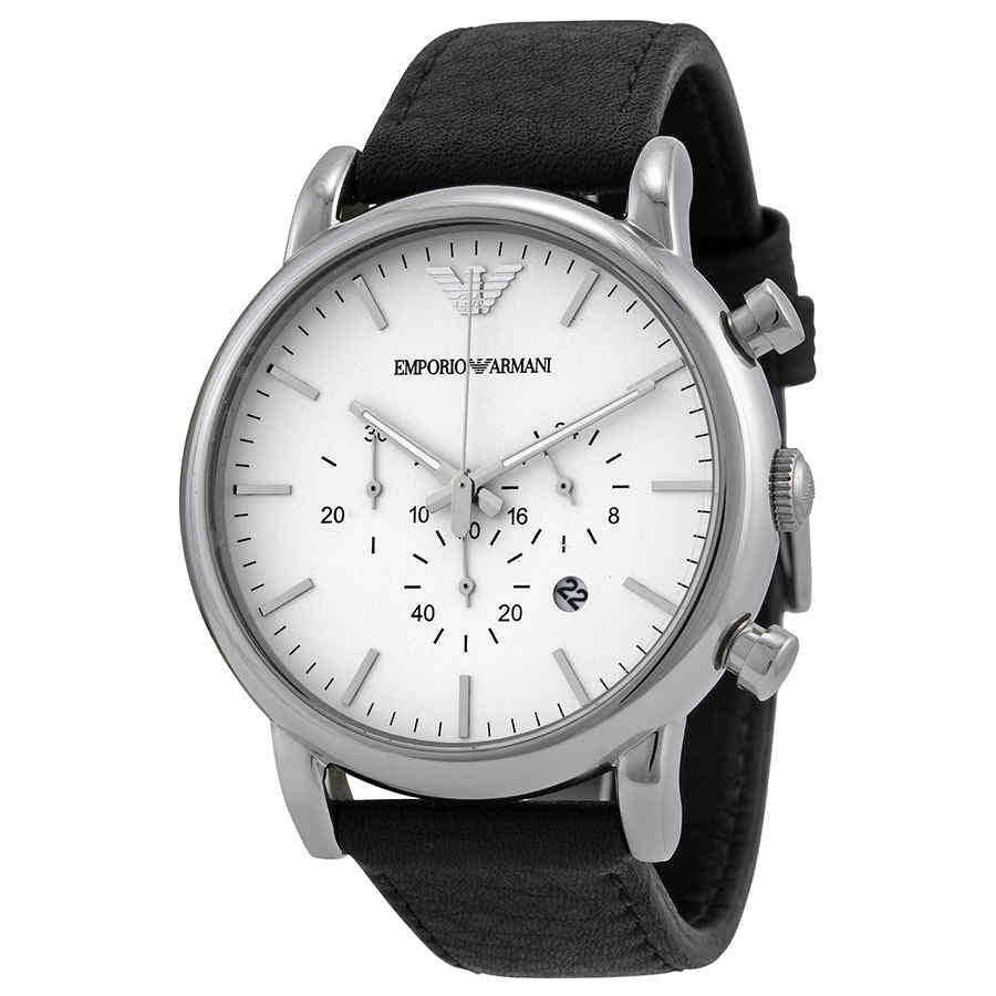 Emporio Armani Classic Quartz Chronograph White Dial Black Leather Strap Watch For Men - AR1807