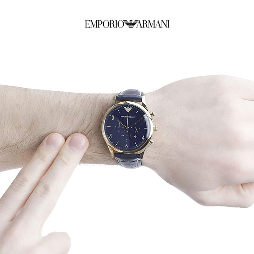 Emporio Armani Chronograph Blue Dial Blue Leather Strap Watch For Men - AR1862