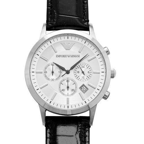 Emporio Armani Classic Chronograph Silver Dial Black Leather Strap Watch For Men - AR2432